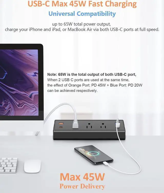 Alt view image 2 of 7 - Desk Clamp Power Strip with USB C,65W Fast Charging Station for iPhone 14 Pro Max iPad MacBook Air,Power Supply for Desk Edge Mount,3 Widely Spaced Outlets Surge Protector,6ft Cord (Black)