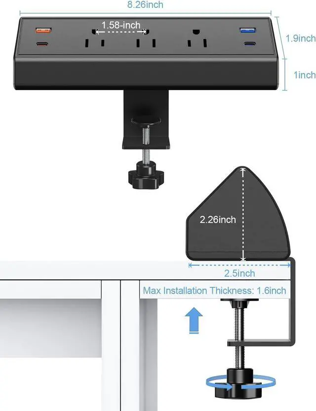 Alt view image 7 of 7 - Desk Clamp Power Strip with USB C,65W Fast Charging Station for iPhone 14 Pro Max iPad MacBook Air,Power Supply for Desk Edge Mount,3 Widely Spaced Outlets Surge Protector,6ft Cord (Black)