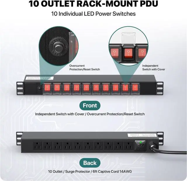 Alt view image 2 of 7 - 10 Outlet PDU Power Strip Surge Protector, 1U Rack Mount Power Strip 10 LED Independent Switch 6FT Power Cord, for Network Server Racks Data Centers, Black