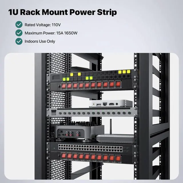 Alt view image 3 of 7 - 10 Outlet PDU Power Strip Surge Protector, 1U Rack Mount Power Strip 10 LED Independent Switch 6FT Power Cord, for Network Server Racks Data Centers, Black
