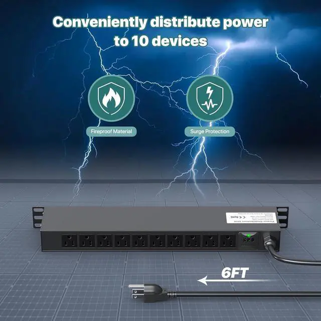 Alt view image 4 of 7 - 10 Outlet PDU Power Strip Surge Protector, 1U Rack Mount Power Strip 10 LED Independent Switch 6FT Power Cord, for Network Server Racks Data Centers, Black