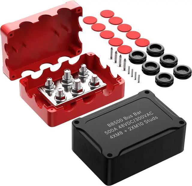 Main image of Heavy Duty 500A Bus Bar Waterproof Power Distribution Block with 4*5/16"(M8)+2*3/8"(M10) Studs 48V DC Automotive Marine Battery Terminal Distribution Block with Cover - Negative&Positive