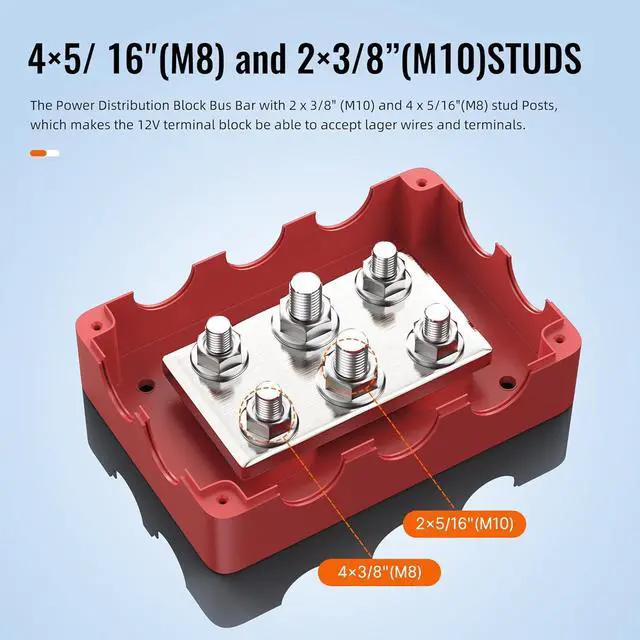 Alt view image 3 of 6 - Heavy Duty 500A Bus Bar Waterproof Power Distribution Block with 4*5/16"(M8)+2*3/8"(M10) Studs 48V DC Automotive Marine Battery Terminal Distribution Block with Cover - Negative&Positive