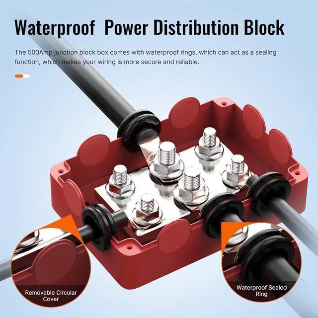 Alt view image 4 of 6 - Heavy Duty 500A Bus Bar Waterproof Power Distribution Block with 4*5/16"(M8)+2*3/8"(M10) Studs 48V DC Automotive Marine Battery Terminal Distribution Block with Cover - Negative&Positive