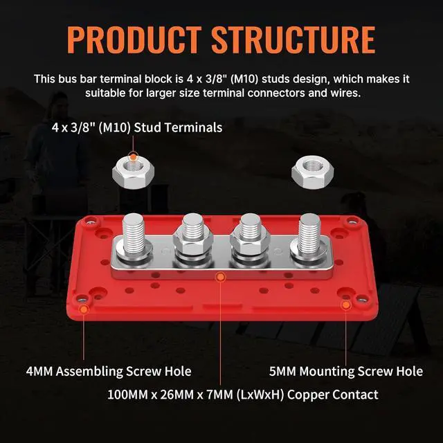 Alt view image 4 of 6 - 300A Bus Bar 12V DC Waterproof Power Distribution Block with 4 x 3/8" Studs, Heavy Duty Marine Battery Bus Bar Terminal Block 12 Volt for Automotive, Car, Solar Wiring - Positive&Negative