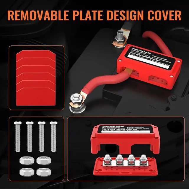 Alt view image 5 of 6 - 300A Bus Bar 12V DC Waterproof Power Distribution Block with 4 x 3/8" Studs, Heavy Duty Marine Battery Bus Bar Terminal Block 12 Volt for Automotive, Car, Solar Wiring - Positive&Negative