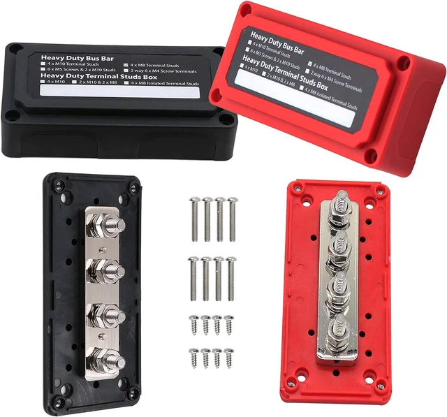 Main image of 300A 12V Bus Bar Power Distribution Block, Waterproof with 4 M8 Studs for Marine, Automotive & RV, Black & Red