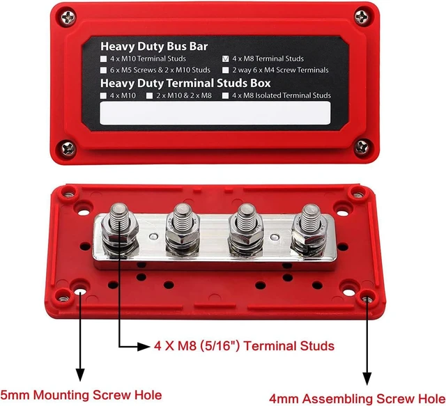 Alt view image 2 of 7 - 300A 12V Bus Bar Power Distribution Block, Waterproof with 4 M8 Studs for Marine, Automotive & RV, Black & Red