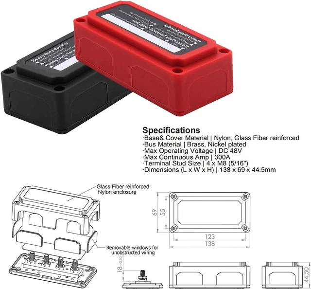 Alt view image 3 of 7 - 300A 12V Bus Bar Power Distribution Block, Waterproof with 4 M8 Studs for Marine, Automotive & RV, Black & Red