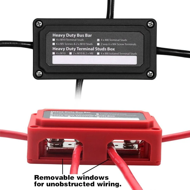 Alt view image 5 of 7 - 300A 12V Bus Bar Power Distribution Block, Waterproof with 4 M8 Studs for Marine, Automotive & RV, Black & Red