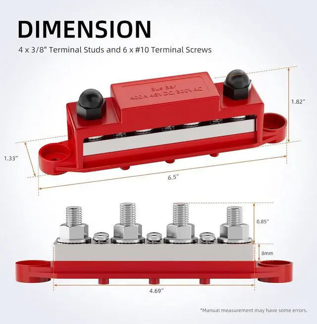 Alt view image 2 of 6 - 400A Power Distribution Block 12V Bus Bar 4 x 3/8" (M10) Terminal Studs and 6 x #10 Terminal Screws 12 Volt Marine Bus Bar Positive and Negative for Boat Automotive Solar System