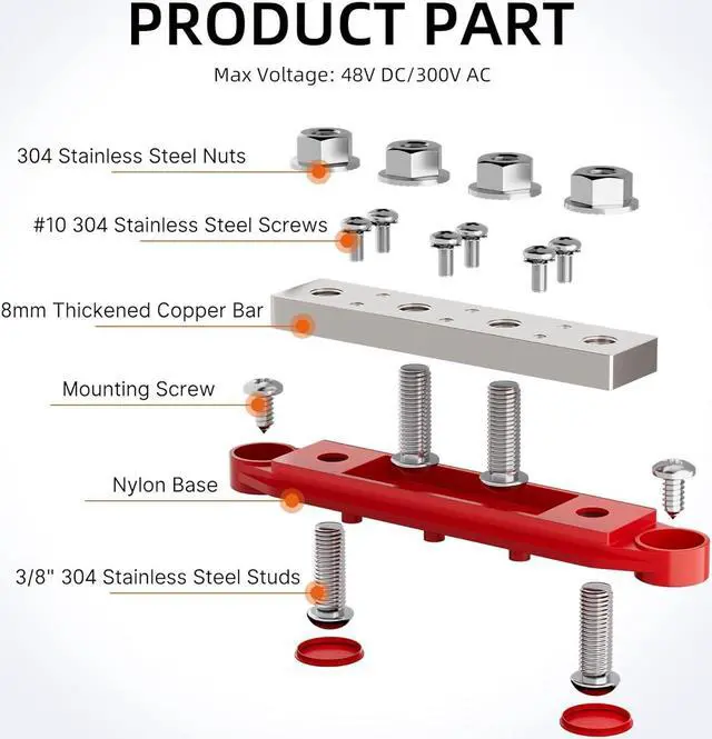 Alt view image 3 of 6 - 400A Power Distribution Block 12V Bus Bar 4 x 3/8" (M10) Terminal Studs and 6 x #10 Terminal Screws 12 Volt Marine Bus Bar Positive and Negative for Boat Automotive Solar System