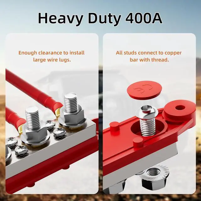 Alt view image 5 of 6 - 400A Power Distribution Block 12V Bus Bar 4 x 3/8" (M10) Terminal Studs and 6 x #10 Terminal Screws 12 Volt Marine Bus Bar Positive and Negative for Boat Automotive Solar System