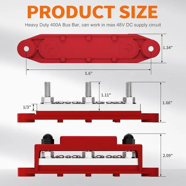 Alt view image 2 of 6 - Heavy Duty 400A Bus Bar 12V 48V Power Distribution Block with 3 x 5/16" Studs Marine Bus Bar Terminal Block 12 Volt DC Battery Busbar with Cover - Negative&Positive