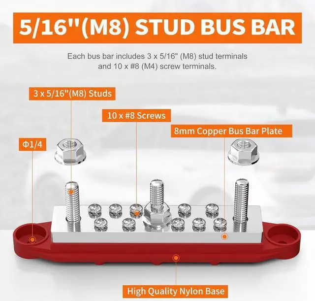 Alt view image 3 of 6 - Heavy Duty 400A Bus Bar 12V 48V Power Distribution Block with 3 x 5/16" Studs Marine Bus Bar Terminal Block 12 Volt DC Battery Busbar with Cover - Negative&Positive