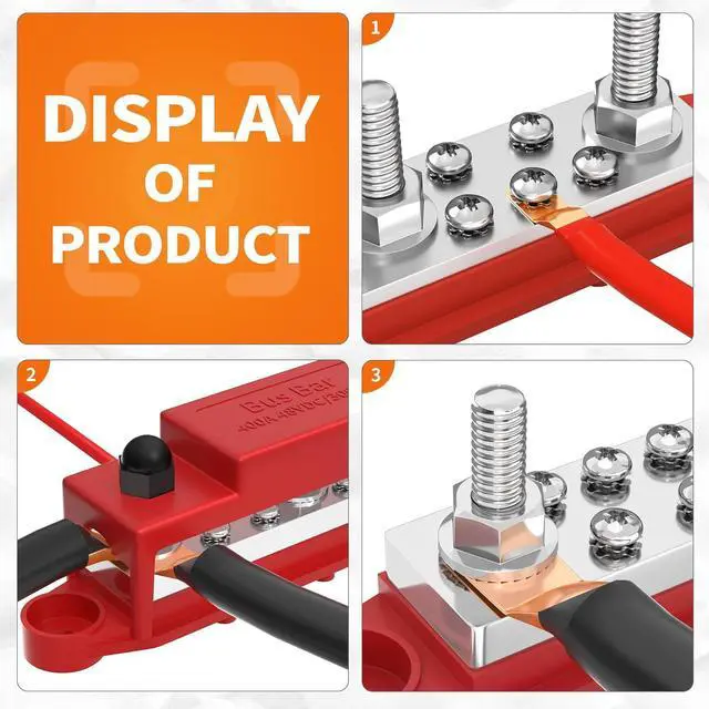 Alt view image 5 of 6 - Heavy Duty 400A Bus Bar 12V 48V Power Distribution Block with 3 x 5/16" Studs Marine Bus Bar Terminal Block 12 Volt DC Battery Busbar with Cover - Negative&Positive