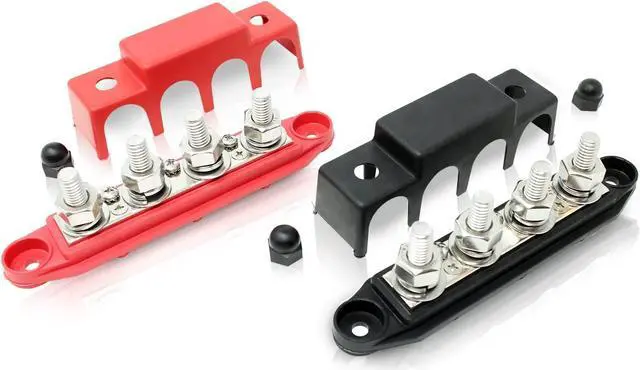 Main image of 4 Post Power Distribution Block Bus Bar Pair with Cover - Made in The USA - 400 Amp Rating  Marine Bus Bar, Automotive, and Solar Wiring  Battery Terminal Distribution Block - (Set of 2)(5/16)