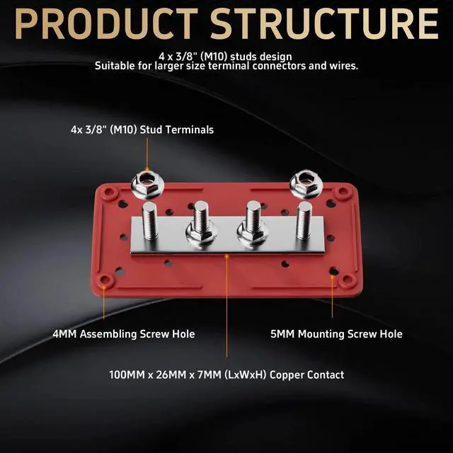 Alt view image 3 of 7 - Block 300A Bus Bar 4 x 3/8" (M10) Studs 12V/24V/36V Max.48 Volt DC Bus Bar Terminal Block Waterproof for Automotive, RV, Solar Wiring(Pair, Red & Black)