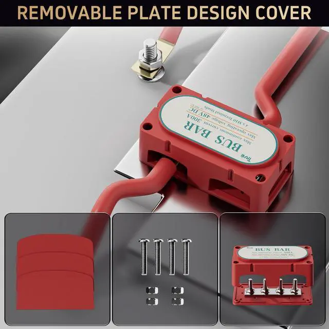 Alt view image 2 of 7 - Block 300A Bus Bar 4 x 3/8" (M10) Studs 12V/24V/36V Max.48 Volt DC Bus Bar Terminal Block Waterproof for Automotive, RV, Solar Wiring(Pair, Red & Black)