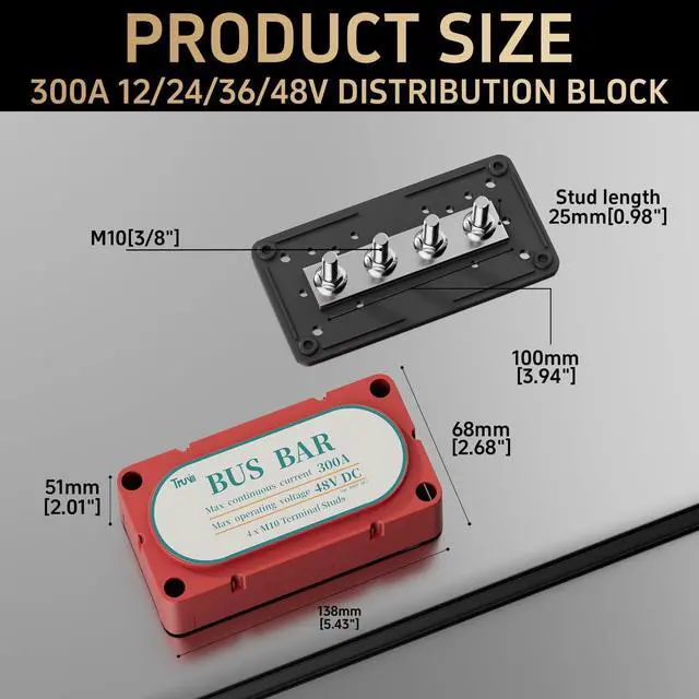 Alt view image 4 of 7 - Block 300A Bus Bar 4 x 3/8" (M10) Studs 12V/24V/36V Max.48 Volt DC Bus Bar Terminal Block Waterproof for Automotive, RV, Solar Wiring(Pair, Red & Black)