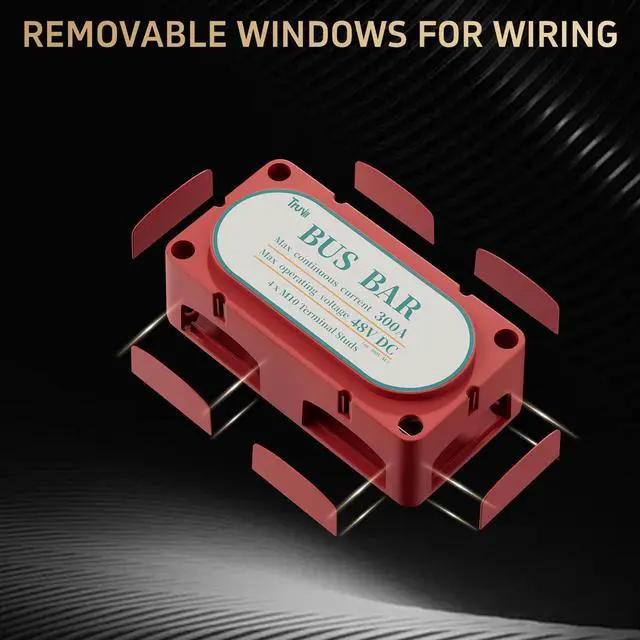 Alt view image 5 of 7 - Block 300A Bus Bar 4 x 3/8" (M10) Studs 12V/24V/36V Max.48 Volt DC Bus Bar Terminal Block Waterproof for Automotive, RV, Solar Wiring(Pair, Red & Black)