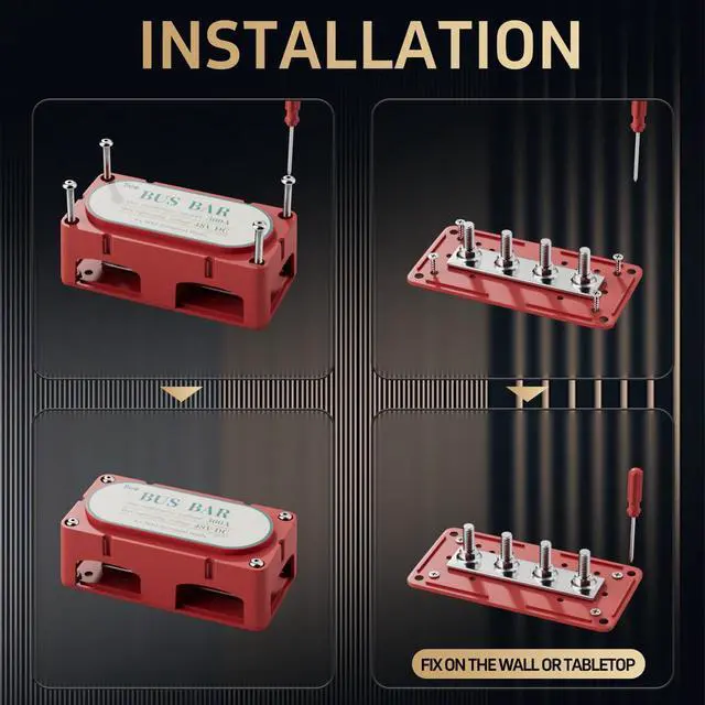 Alt view image 6 of 7 - Block 300A Bus Bar 4 x 3/8" (M10) Studs 12V/24V/36V Max.48 Volt DC Bus Bar Terminal Block Waterproof for Automotive, RV, Solar Wiring(Pair, Red & Black)