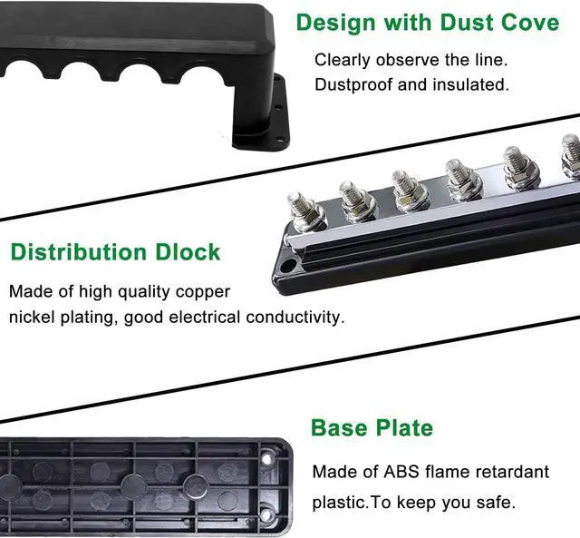 Alt view image 3 of 7 - 600A High Current Busbar 12-48V DC Heavy-Duty Nickel-Plated Copper Power Distribution Block 8xM10 (3/8") Terminal Studs with Cover Battery Bus Bar for Automobiles Boat RV Truck (Black&Red)