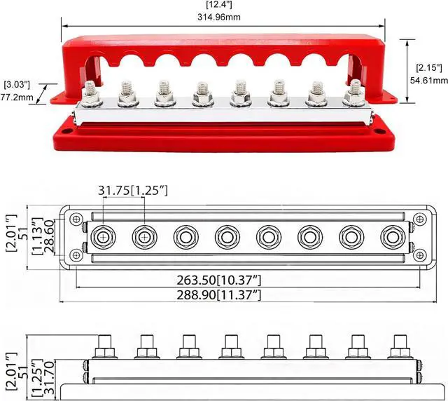 Alt view image 5 of 7 - 600A High Current Busbar 12-48V DC Heavy-Duty Nickel-Plated Copper Power Distribution Block 8xM10 (3/8") Terminal Studs with Cover Battery Bus Bar for Automobiles Boat RV Truck (Black&Red)