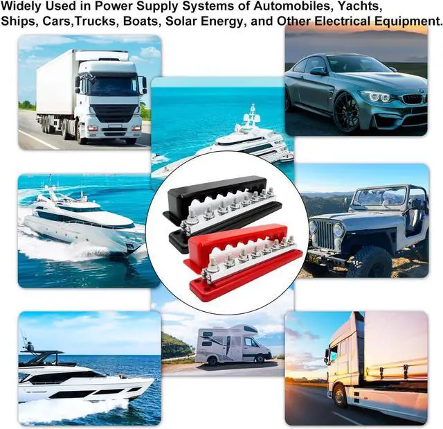 Alt view image 6 of 7 - 600A High Current Busbar 12-48V DC Heavy-Duty Nickel-Plated Copper Power Distribution Block 8xM10 (3/8") Terminal Studs with Cover Battery Bus Bar for Automobiles Boat RV Truck (Black&Red)