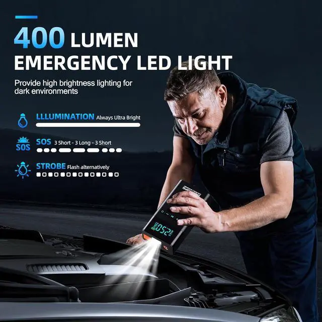 Alt view image 5 of 7 - Portable Car Jump Starter with Air Compressor, 3500A 150PSI Car Battery Jump Starter Battery Pack (All Gas/10L Diesel), 12V Car Jump Box Car Battery Jumper Starter, Large LCD Display, 2 Lights