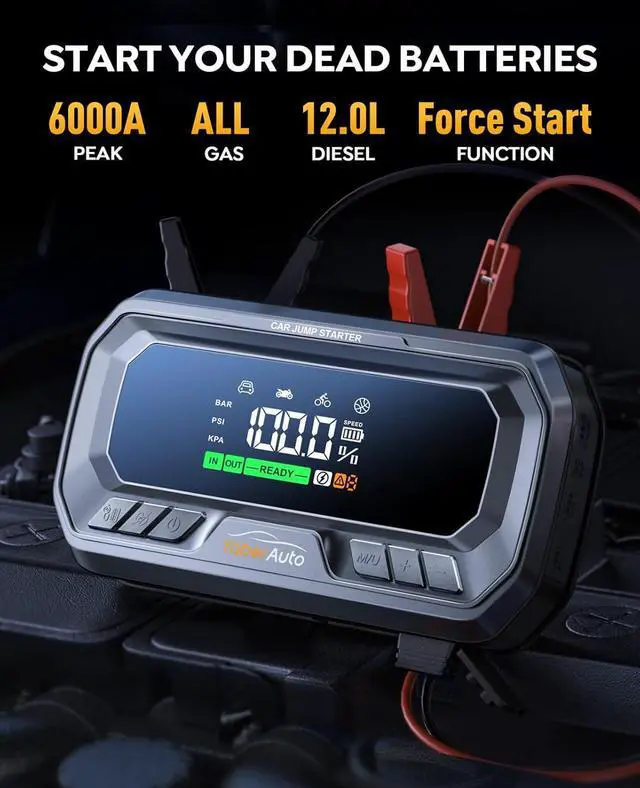 Alt view image 2 of 7 - Portable Car Jump Starter with Air Compressor 160PSI, 6000A 65W Charging Car Battery Jump Starter Battery Pack (All Gas/12L Diesel) Jump Box Car Battery Jumper Starter Portable, 600lm Lights