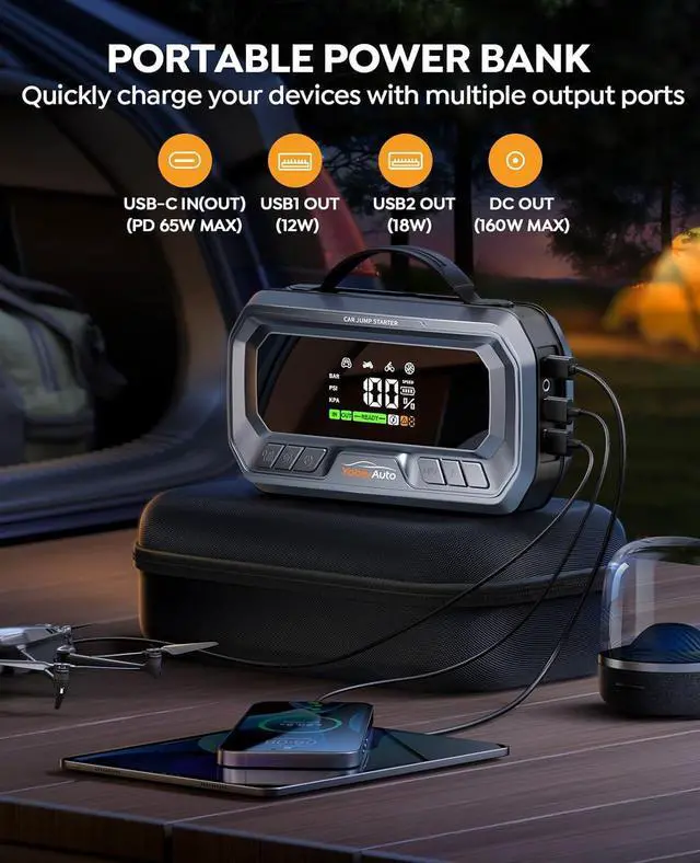 Alt view image 5 of 7 - Portable Car Jump Starter with Air Compressor 160PSI, 6000A 65W Charging Car Battery Jump Starter Battery Pack (All Gas/12L Diesel) Jump Box Car Battery Jumper Starter Portable, 600lm Lights