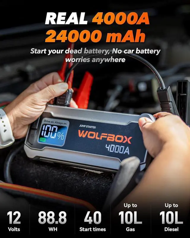 Alt view image 2 of 7 - 4000A Jump Starter,12V Car Battery Jump Starter with 65W Quick Charger,LED Display,24000mAh Portable Jump Starter Battery Pack(10L Gas 10L Diesel Engine) with Booster,LED Light,Jumper Cables