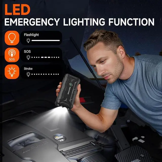 Alt view image 4 of 7 - Car Jump Starter, Portable Car Battery Charger for Up to 8.5L Gas & 8.0L Diesel Engines, 12V Car Jump Box with 4 Modes Flashlight, Power Bank Function, Smart Jumper Cables