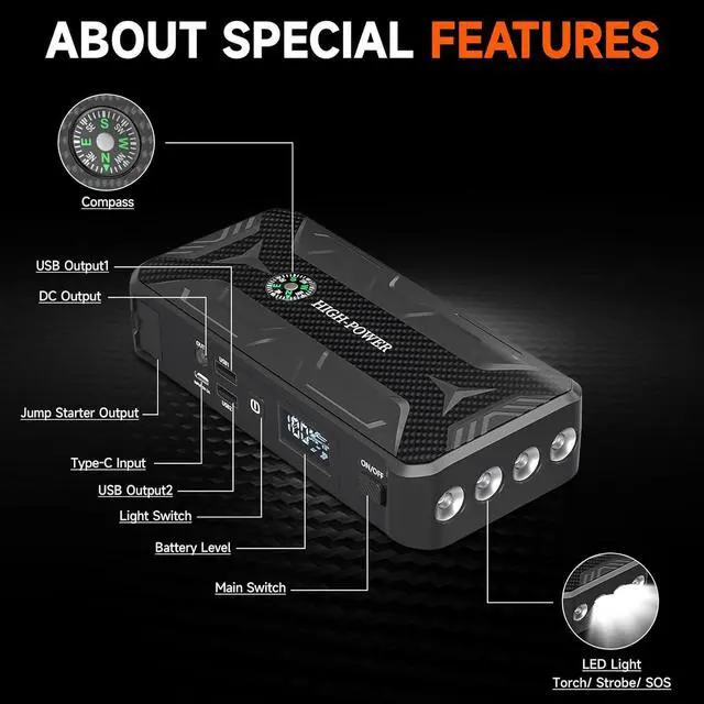 Alt view image 6 of 7 - Car Jump Starter, Portable Car Battery Charger for Up to 8.5L Gas & 8.0L Diesel Engines, 12V Car Jump Box with 4 Modes Flashlight, Power Bank Function, Smart Jumper Cables