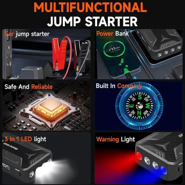 Alt view image 7 of 7 - Car Jump Starter, Portable Car Battery Charger for Up to 8.5L Gas & 8.0L Diesel Engines, 12V Car Jump Box with 4 Modes Flashlight, Power Bank Function, Smart Jumper Cables