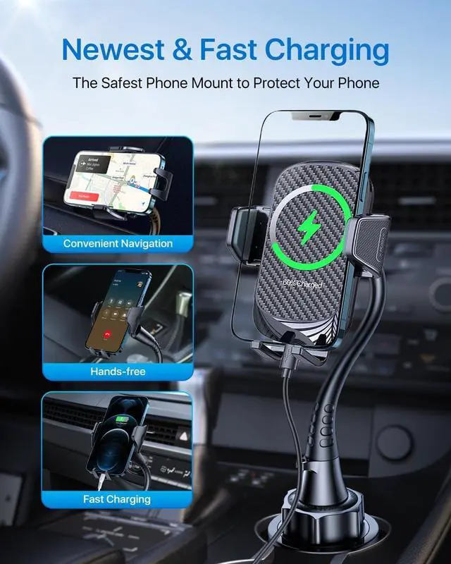 Alt view image 2 of 7 - 15in Wireless Car Charger, [Upgraded Secure Chip] Qi Car Cup Phone Mount with Adapter Adjustable Gooseneck Cup Holder Charger Compatible with iPhone 14 13 12 Pro Max S22 S21