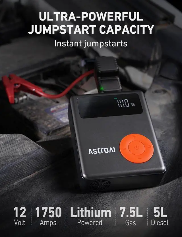 Alt view image 2 of 7 - Portable Car Jump Starter with Air Compressor, 150PSI 1750A Car Jumper Starter Battery Pack with Cordless Tire Inflator (7.5 Gas/5.0L Diesel), 12V Jump Box, Large LCD Display, Lights