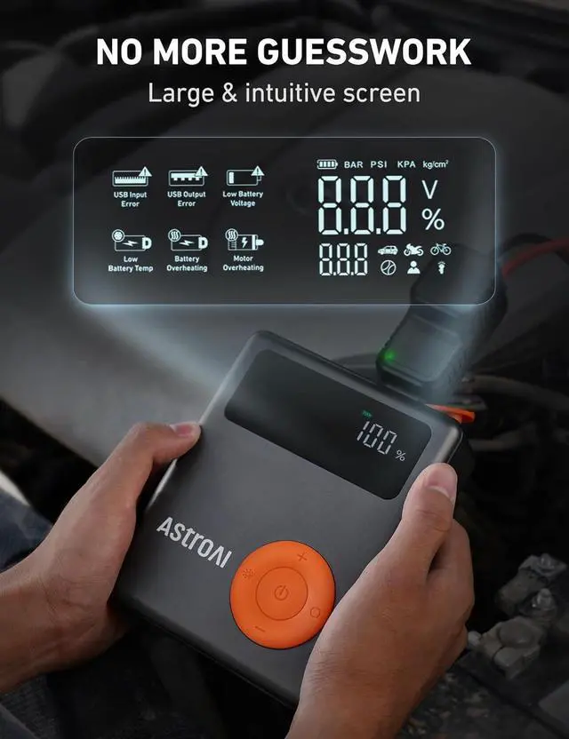 Alt view image 5 of 7 - Portable Car Jump Starter with Air Compressor, 150PSI 1750A Car Jumper Starter Battery Pack with Cordless Tire Inflator (7.5 Gas/5.0L Diesel), 12V Jump Box, Large LCD Display, Lights