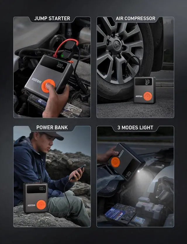 Alt view image 6 of 7 - Portable Car Jump Starter with Air Compressor, 150PSI 1750A Car Jumper Starter Battery Pack with Cordless Tire Inflator (7.5 Gas/5.0L Diesel), 12V Jump Box, Large LCD Display, Lights