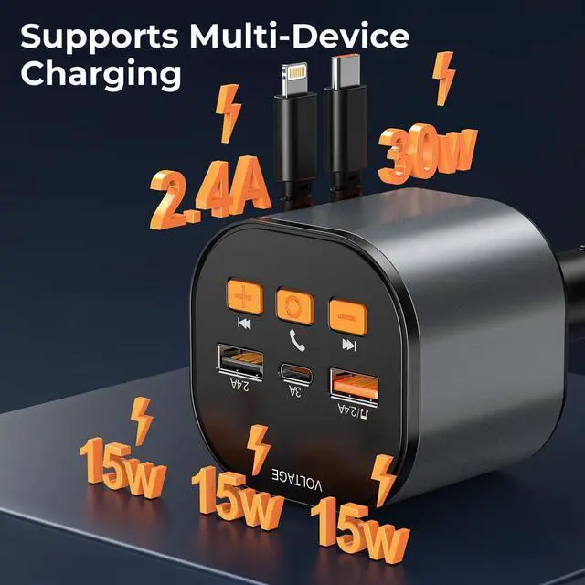 Alt view image 4 of 7 - Retractable PD 30W Type-C and for iPhone Charger with Bluetooth 5.3 Car Adapter, FM Transmitter, Hands-Free Calling, MP3 Player, LED Display, USB Support, Best Accessories Phone