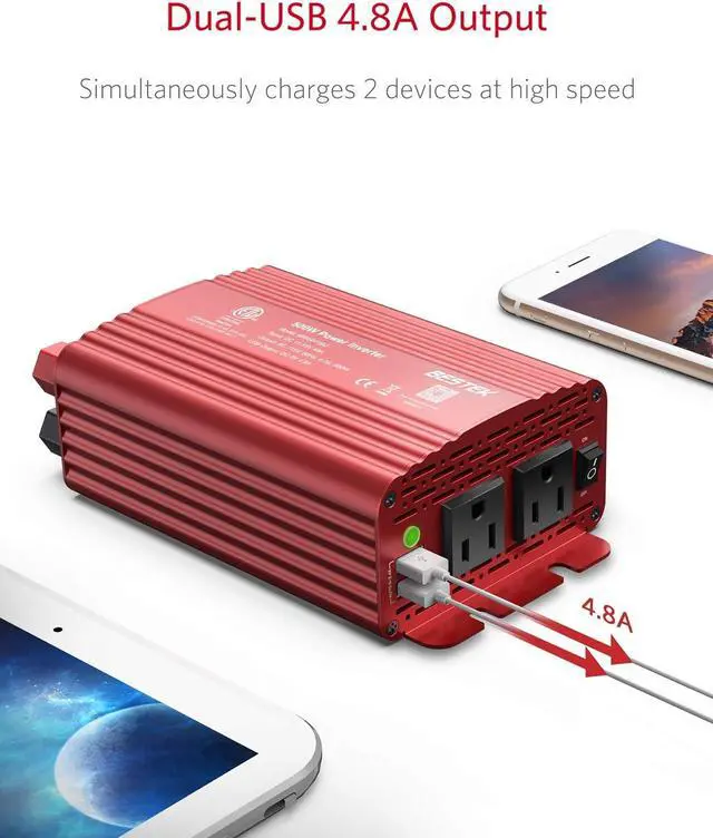 Alt view image 2 of 7 - 500W Power Inverter DC 12V to 110V AC Converter with Alligator Battery Clamp 4.8A Dual USB Car Charger ETL Listed