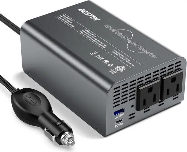 Main image of 400W Pure Sine Wave Power Inverter - DC 12V to 110V AC Converter, Fast Car Charger Adapter with 30W USB-C/18W Quick Charge/Dual 110V AC Outlet, Car Plug Adapter Outlet for Laptop