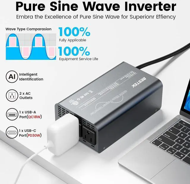 Alt view image 2 of 7 - 400W Pure Sine Wave Power Inverter - DC 12V to 110V AC Converter, Fast Car Charger Adapter with 30W USB-C/18W Quick Charge/Dual 110V AC Outlet, Car Plug Adapter Outlet for Laptop