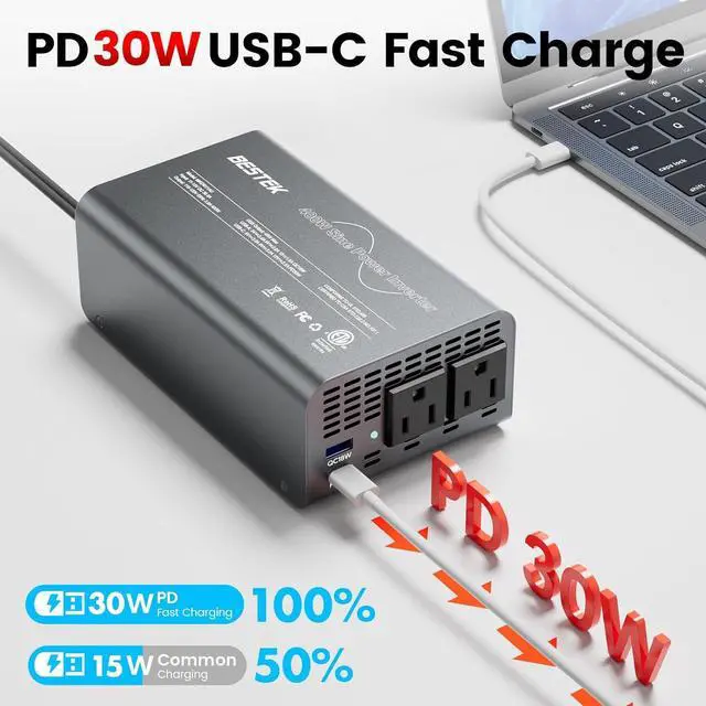 Alt view image 3 of 7 - 400W Pure Sine Wave Power Inverter - DC 12V to 110V AC Converter, Fast Car Charger Adapter with 30W USB-C/18W Quick Charge/Dual 110V AC Outlet, Car Plug Adapter Outlet for Laptop