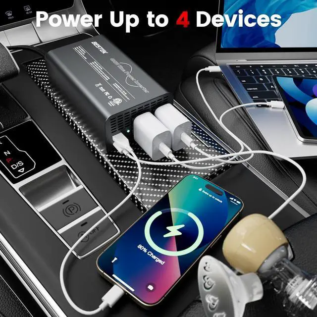 Alt view image 5 of 7 - 400W Pure Sine Wave Power Inverter - DC 12V to 110V AC Converter, Fast Car Charger Adapter with 30W USB-C/18W Quick Charge/Dual 110V AC Outlet, Car Plug Adapter Outlet for Laptop