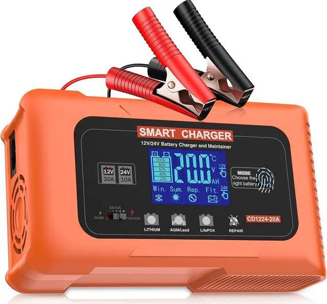 Main image of 20 Amp Smart Car Battery Charger, 12V 24V Portable Trickle Charger Automotive Battery Maintainer Repair Lithium, LiFePO4, Lead-Acid(AGM/Gel/SLA..) for EV, Car, Truck, Boat, Motorcycle, Lawn Mower