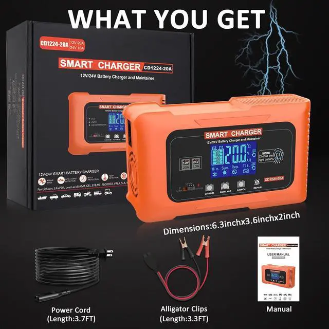 Alt view image 7 of 7 - 20 Amp Smart Car Battery Charger, 12V 24V Portable Trickle Charger Automotive Battery Maintainer Repair Lithium, LiFePO4, Lead-Acid(AGM/Gel/SLA..) for EV, Car, Truck, Boat, Motorcycle, Lawn Mower