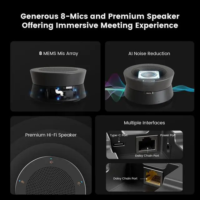 Alt view image 4 of 7 - A20S Conference Speaker and Microphone, USB Speakerphone w/8 Mics, 16ft Voice Pickup, AI 2.0 Noise Cancelling, USB Speakermic with Daisy Chain, Works with Microsoft/Teams/Google Meet