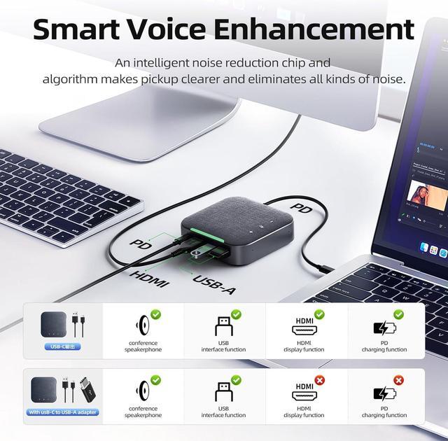 Alt view image 4 of 7 - Conference Speaker and Microphone, 4 AI Mics 360° Voice Pickup, Uplink Noise Reduction, 2 USB 2.0, 100W PD, HDMI(4K & 60Hz), USB C Docking Station Speakerphone for Mac iPad Nintendo Switch